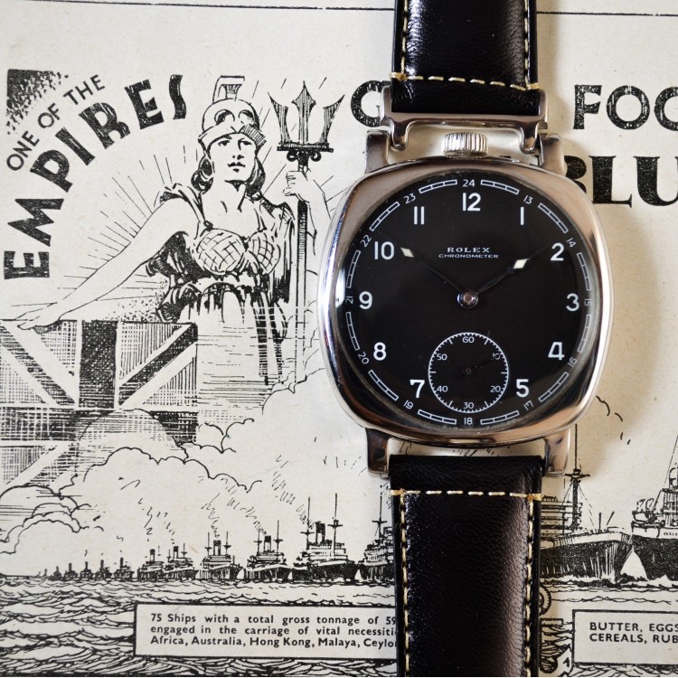 OUT OF STOCK 43mm Rolex cushion square case platinum plated pre Panerai luminous hands black dial WW2 military vintage men's watch antique watch