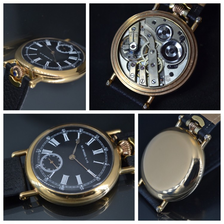 SOLD Hallmarked Henry Moser Mint Antique Wristwatch with military dial gold filed case sapphire in winding crown