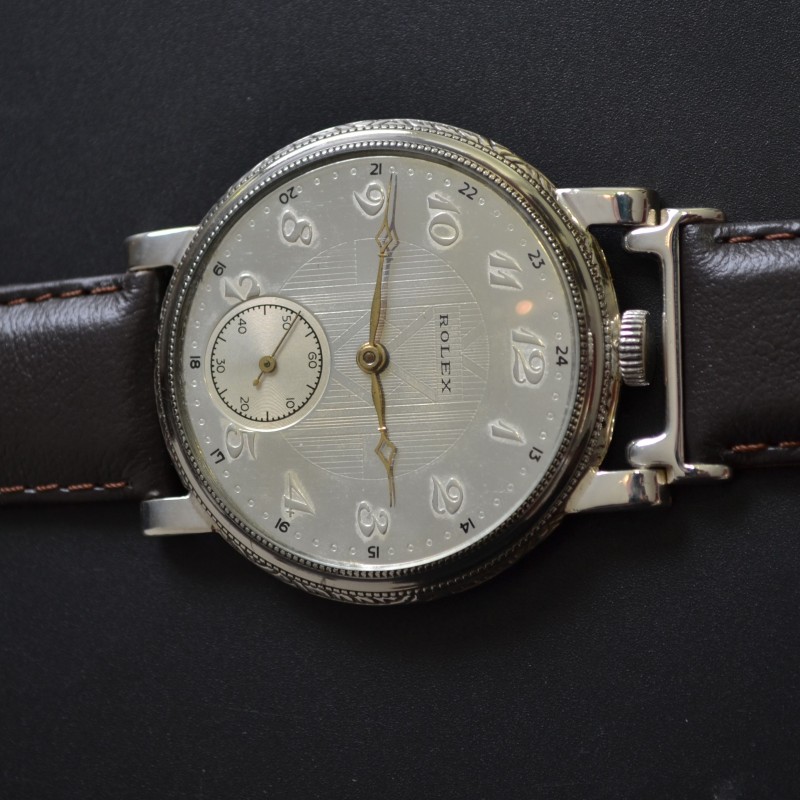 45mm vintage Rolex Unicorn mens watch Art Deco case guiloche dial in near mint condition 15 jewels movement photo 2
