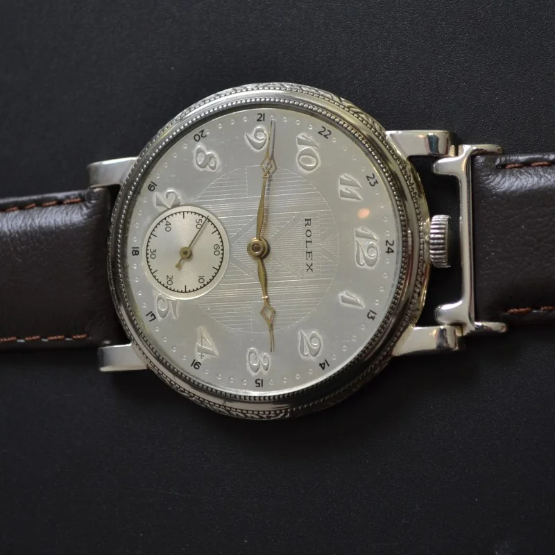 45mm vintage Rolex Unicorn mens watch Art Deco case guiloche dial in near mint condition 15 jewels movement