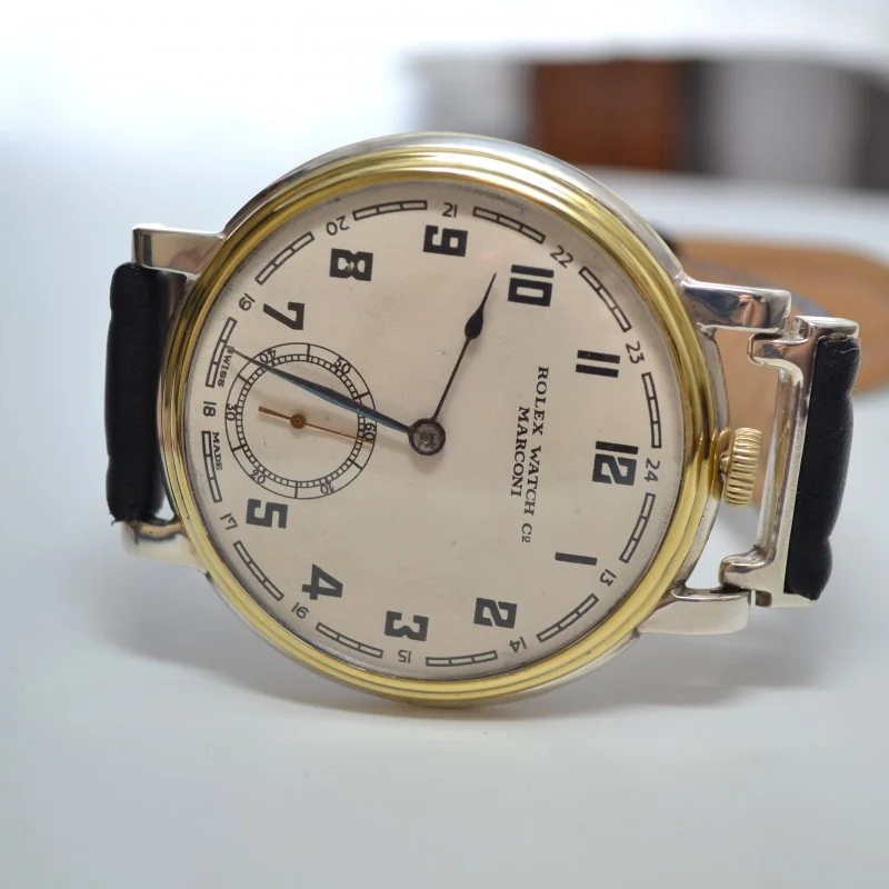 48mm vintage men's Rolex Marconi watch antique military trench chronometer 1920's guilloche art deco case