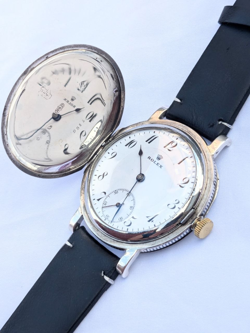 Rolex Niello full hunter case back, engraved niello decoration on solid silver, antique collectible watch