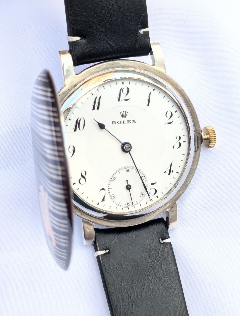 Rolex Niello full hunter inner case, movement visible through open cover, solid silver antique pocket watch