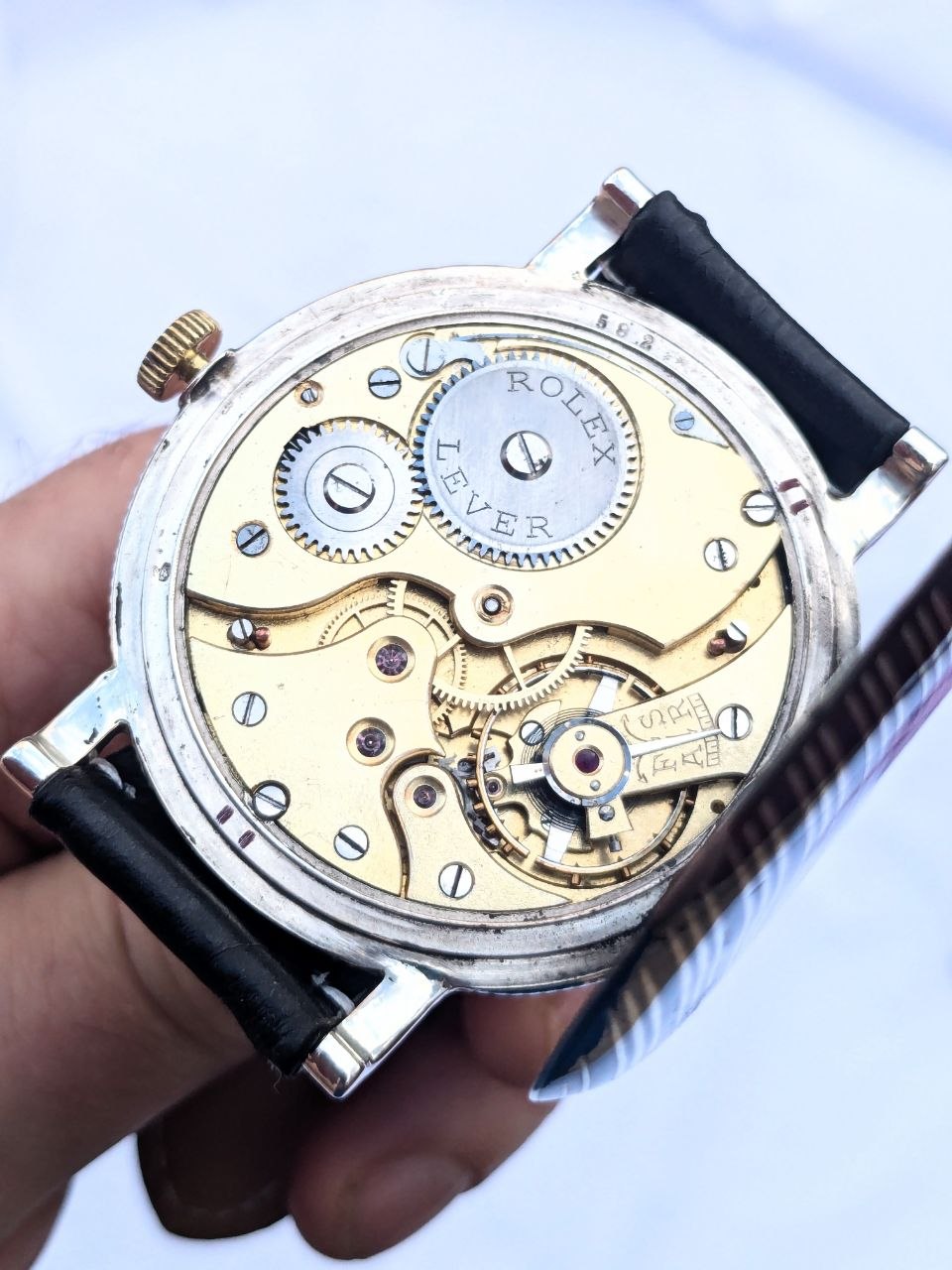 Rolex Niello full hunter crown and case side, niello engraving pattern on solid silver, antique collectible