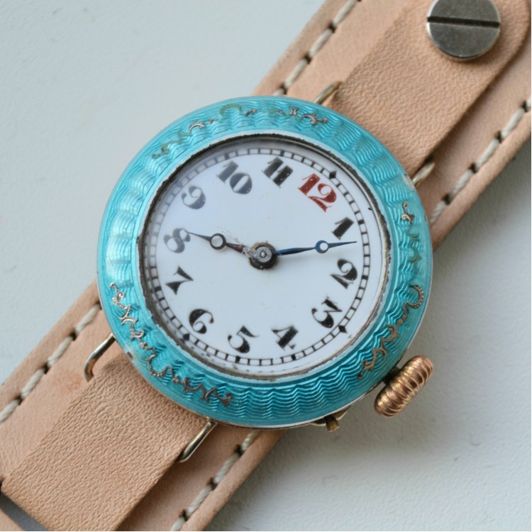Antique Parex Enamel Guilloche Solid Silver Wrist Watch 1914