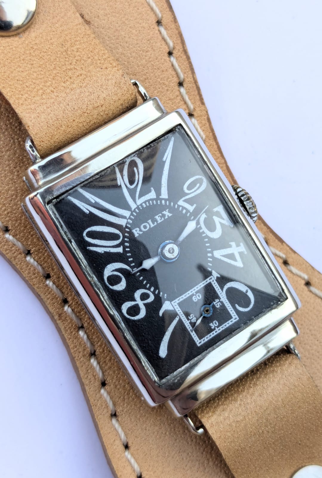 Antique Rolex Rectangular Tank Wristwatch - Art Deco Vintage Swiss Timepiece with Black Exploded Dial circa 1930s