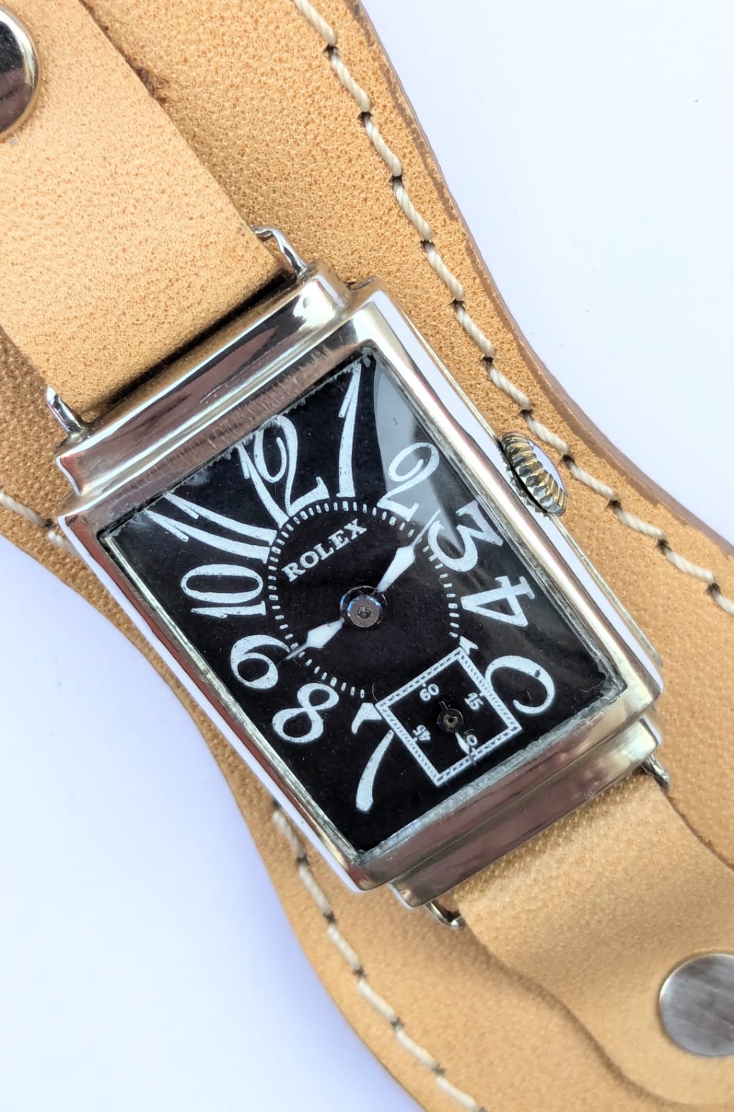 Antique Rolex Rectangular Tank Wristwatch - Art Deco Vintage Swiss Timepiece with Black Exploded Dial circa 1930s