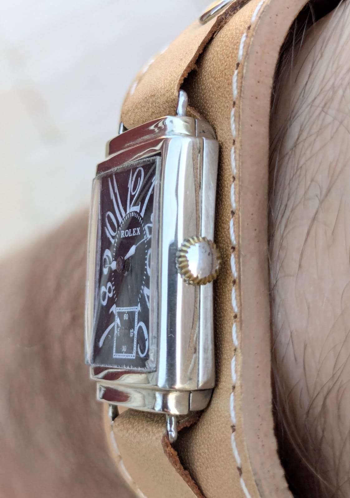 Antique Rolex Rectangular Tank Wristwatch - Art Deco Vintage Swiss Timepiece with Black Exploded Dial circa 1930s