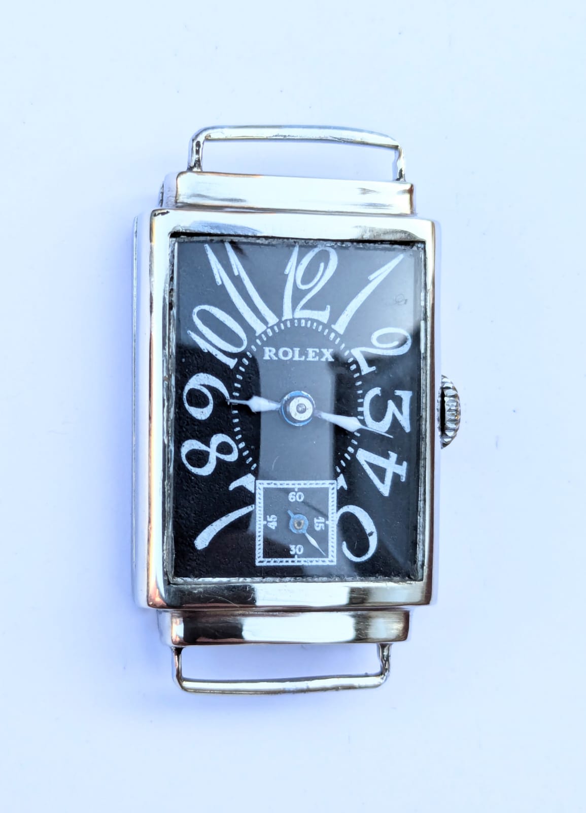 Antique Rolex Rectangular Tank Wristwatch - Art Deco Vintage Swiss Timepiece with Black Exploded Dial circa 1930s