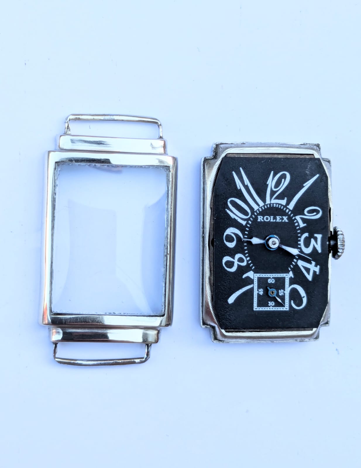Antique Rolex Rectangular Tank Wristwatch - Art Deco Vintage Swiss Timepiece with Black Exploded Dial circa 1930s