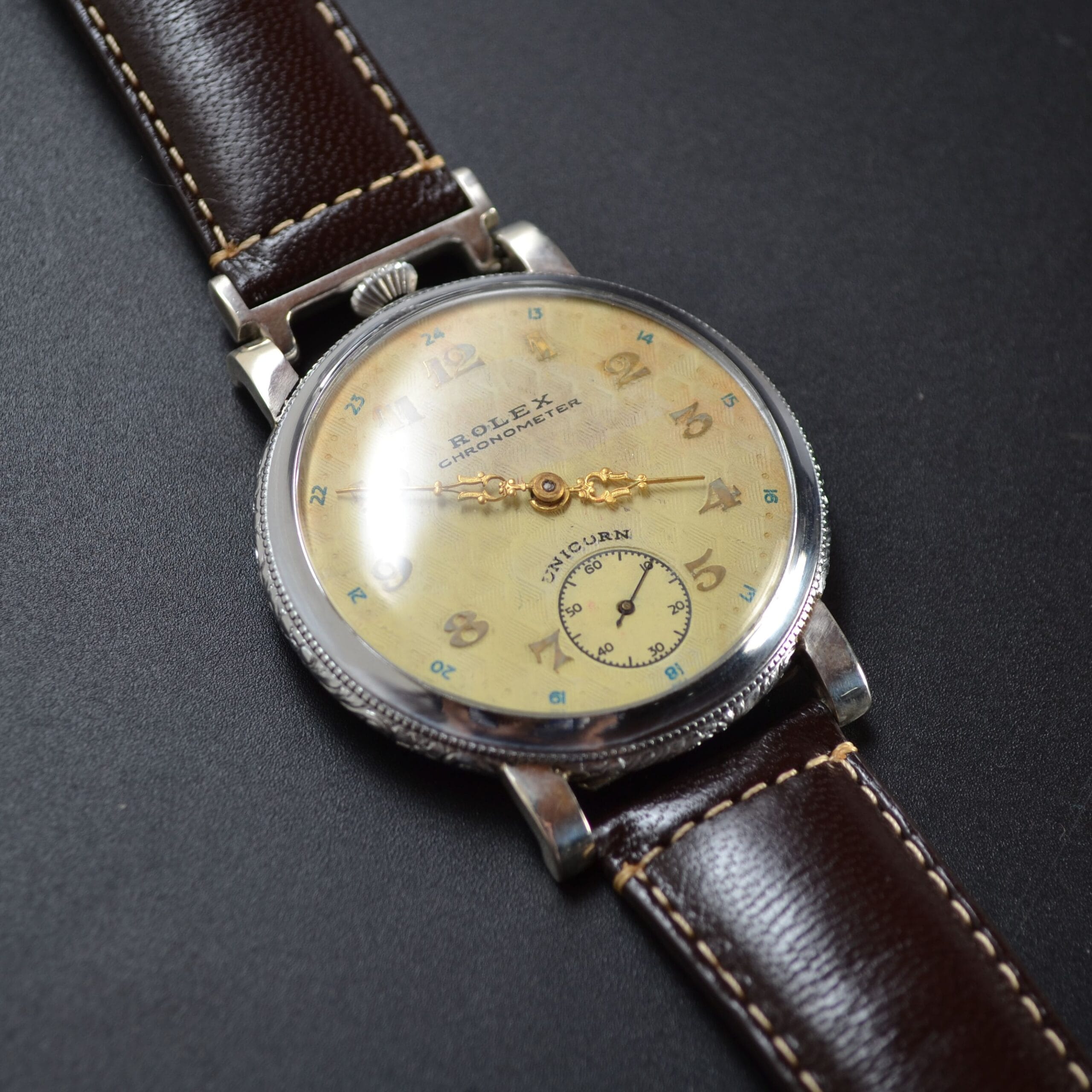 Early 1930s Rolex Unicorn 45mm Guilloché Cream Dial White Metal Case