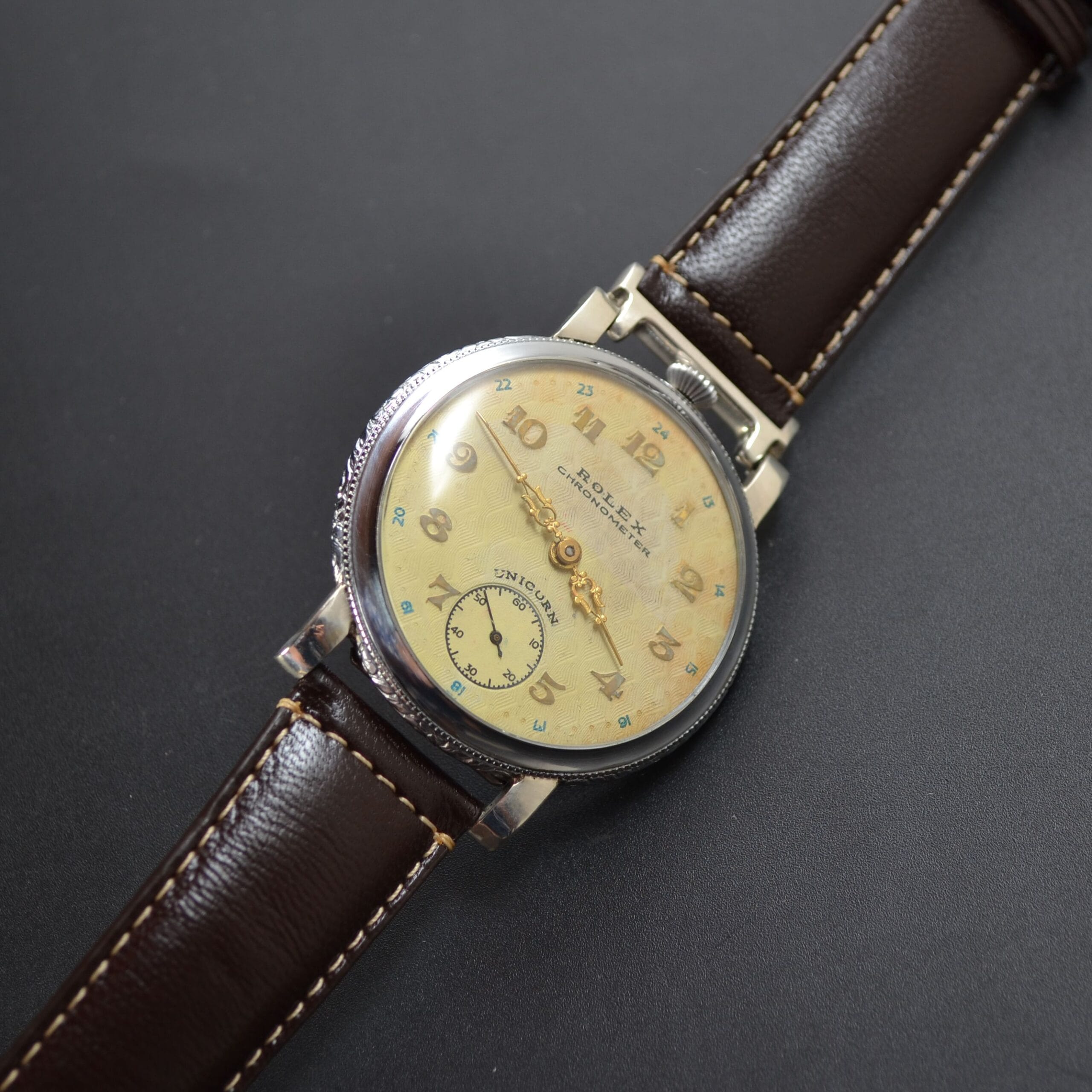 Early 1930s Rolex Unicorn 45mm Guilloché Cream Dial White Metal Case photo 2