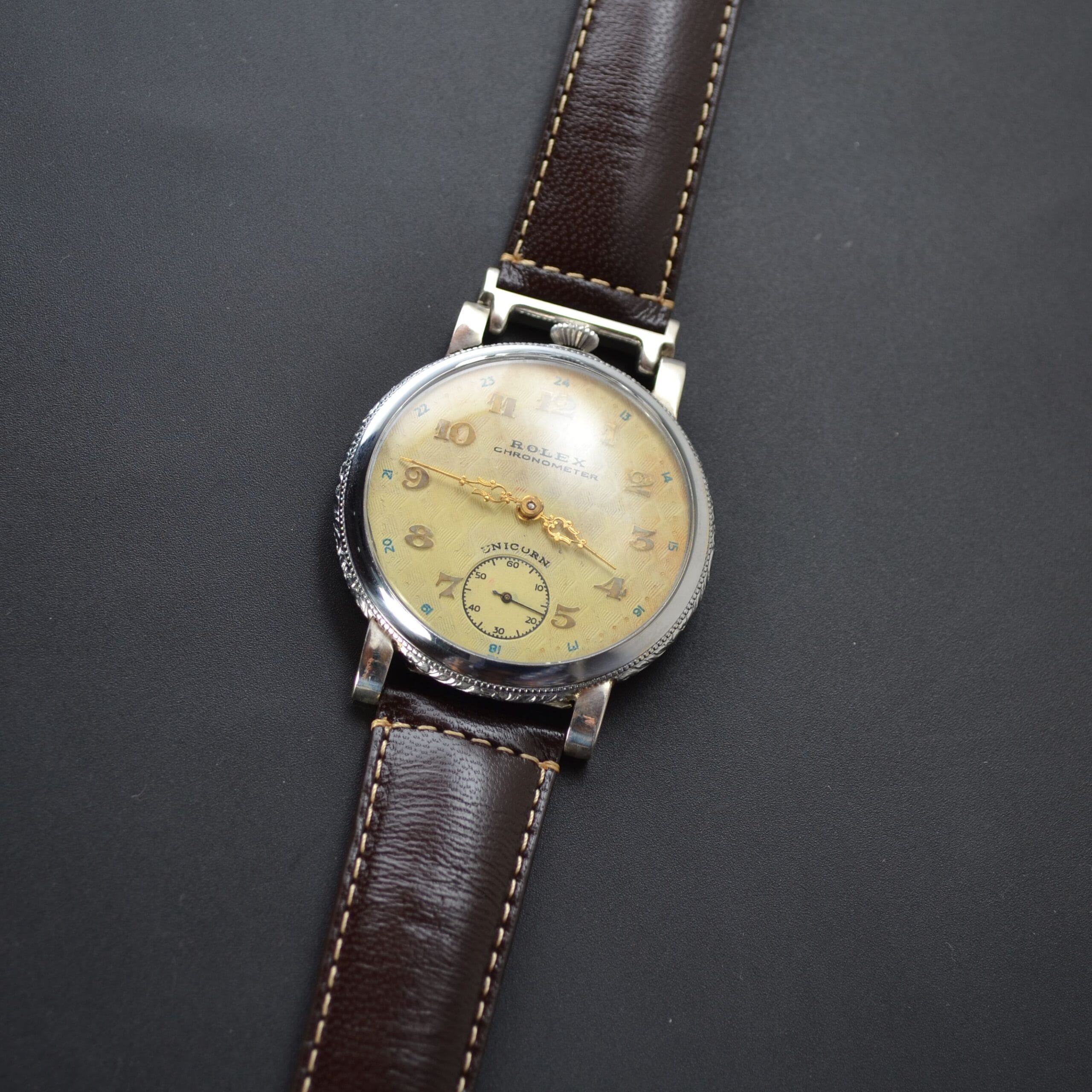 Early 1930s Rolex Unicorn 45mm Guilloché Cream Dial White Metal Case photo 3