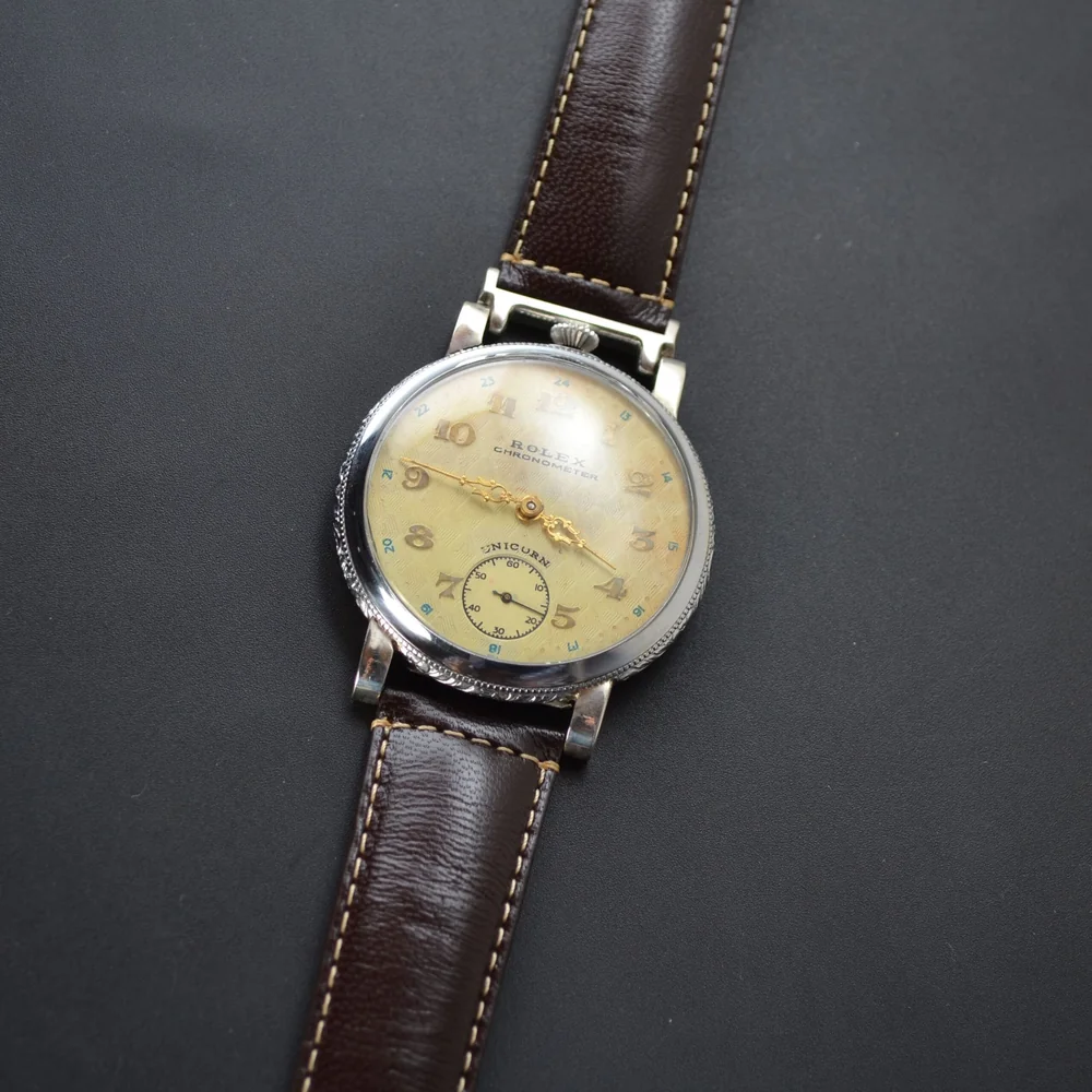 Early 1930s Rolex Unicorn 45mm - Guilloché Cream Dial in White Metal Case (RWC Ltd)