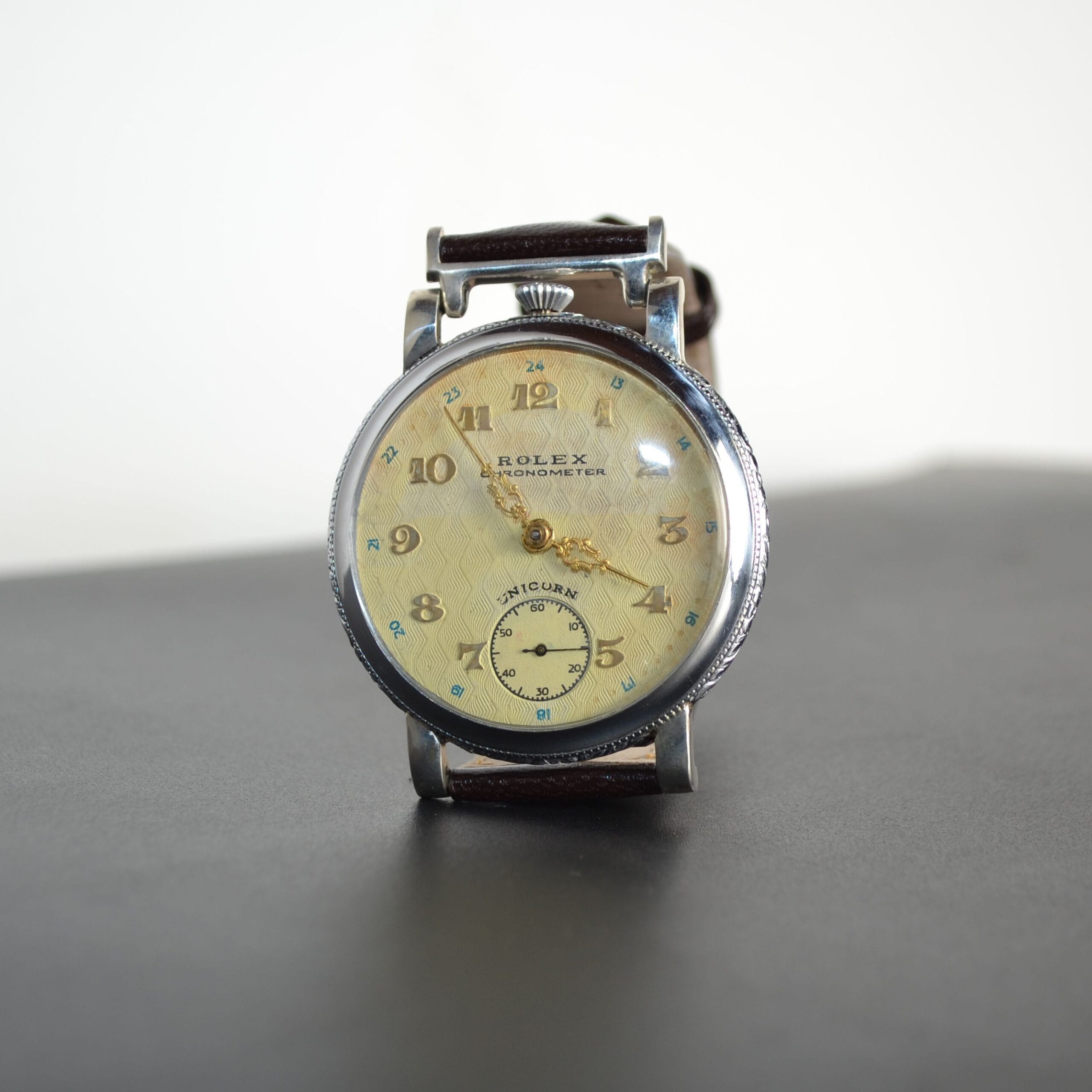 Early 1930s Rolex Unicorn 45mm Guilloché Cream Dial White Metal Case photo 4