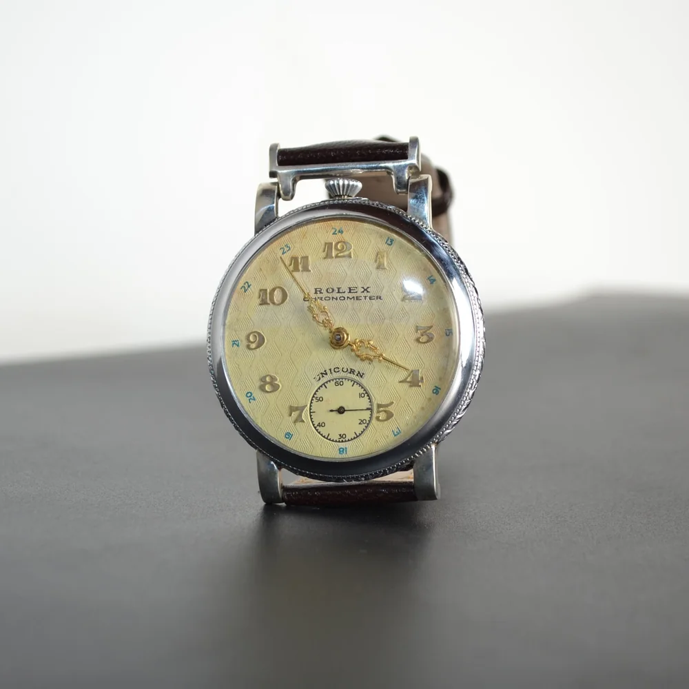 Early 1930s Rolex Unicorn 45mm - Guilloché Cream Dial in White Metal Case (RWC Ltd)