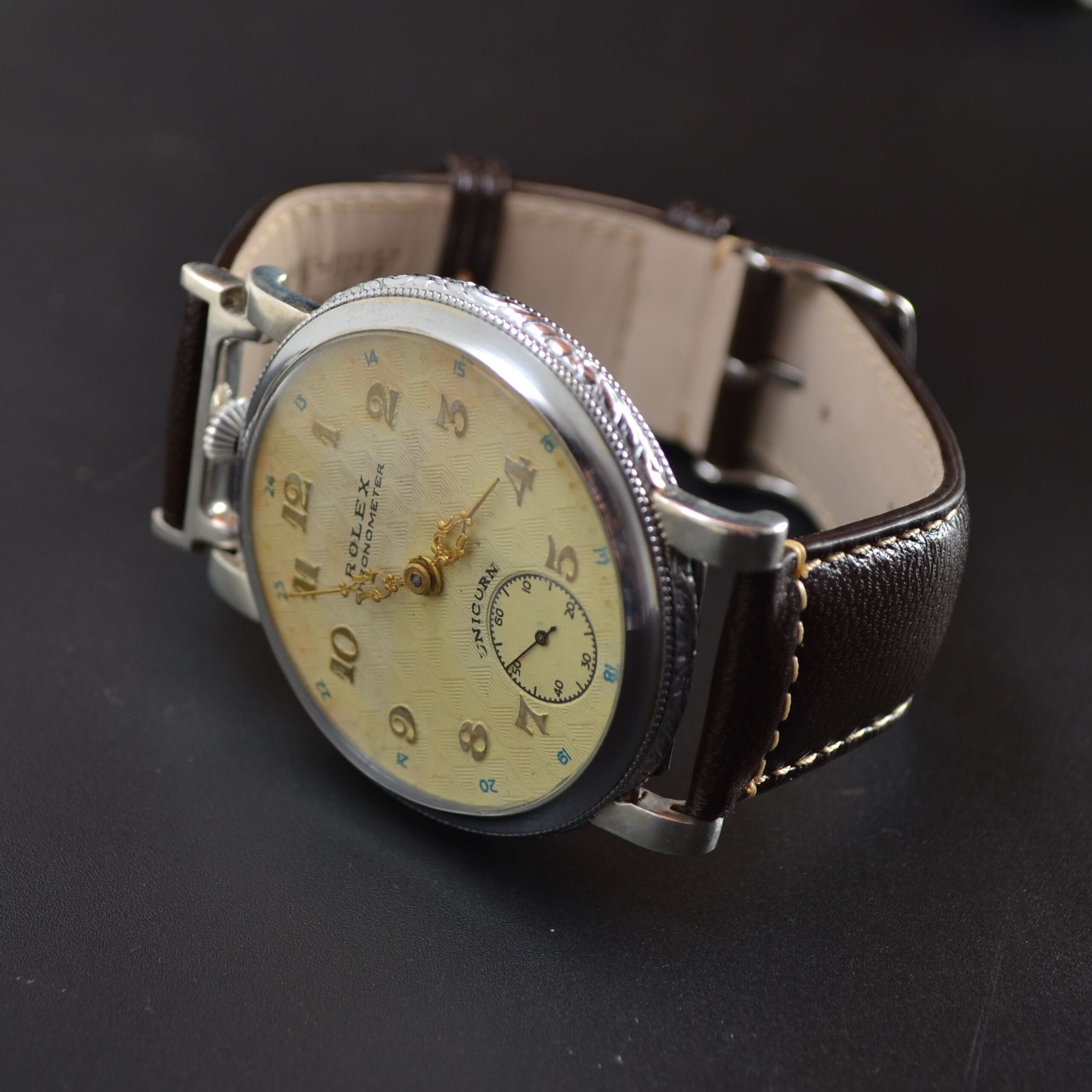 Early 1930s Rolex Unicorn 45mm Guilloché Cream Dial White Metal Case photo 5