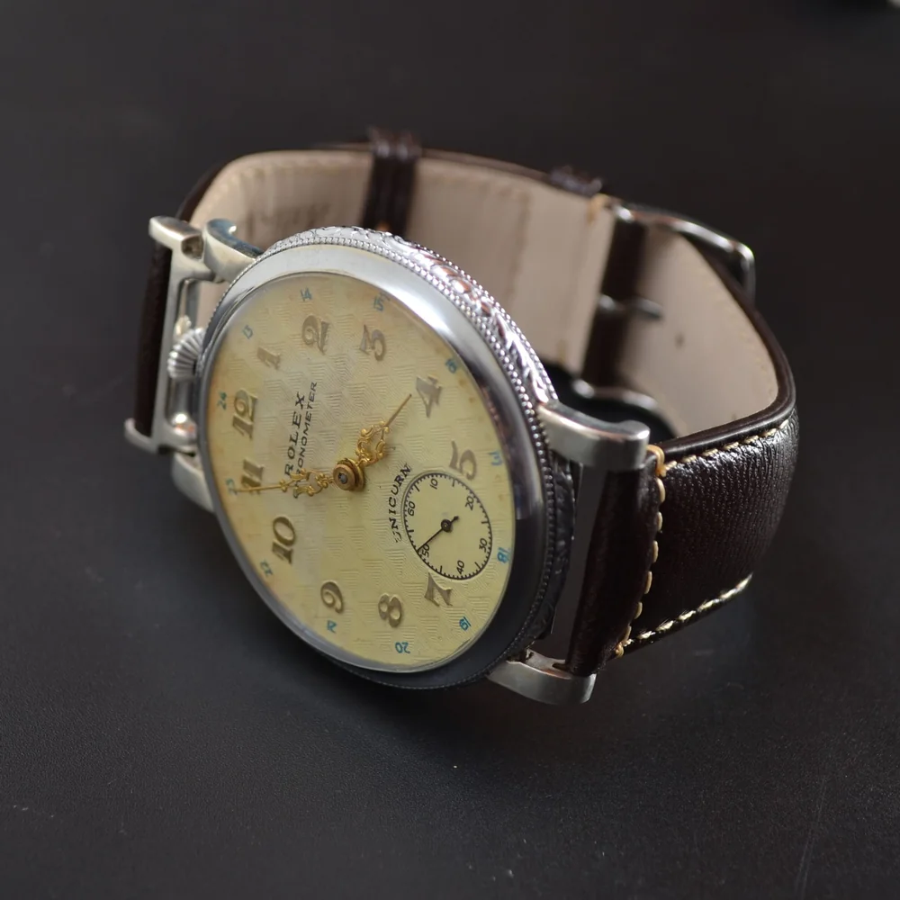 Early 1930s Rolex Unicorn 45mm - Guilloché Cream Dial in White Metal Case (RWC Ltd)