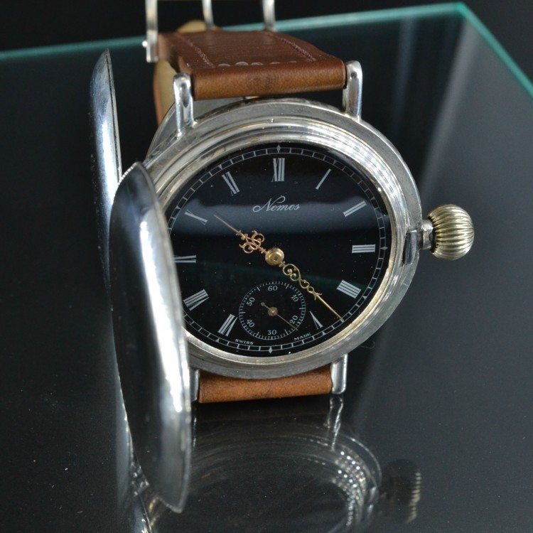 Glashutte Nomos Huge Hunter Military Trench Officer's WW1 Solid Silver Wrist Watch