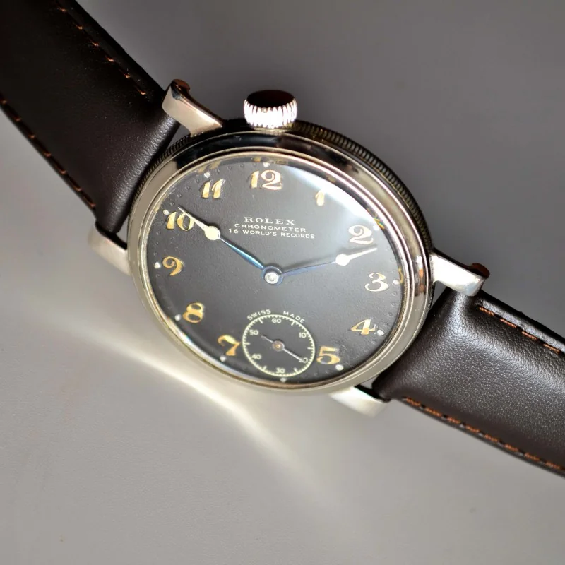 43mm antique Rolex military pilots watch for drivers vintage mens chronometer black dial luminous marks and arrows