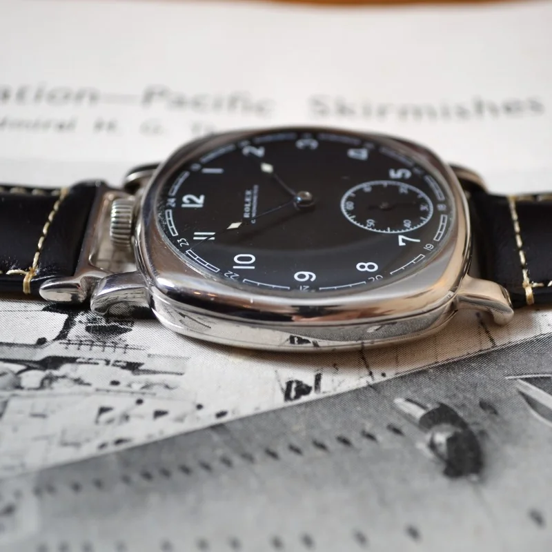 43mm Rolex cushion square case platinum plated pre Panerai luminous hands black dial WW2 military vintage men's watch antique trench watch