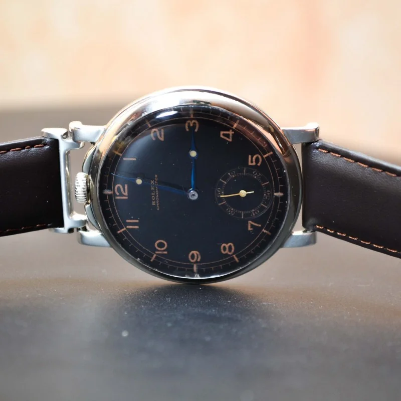 48mm Antique Rolex Chronometer men's military vintage wrist trench men's watch black dial WW1 - WW2 collectible military pilots timepiece