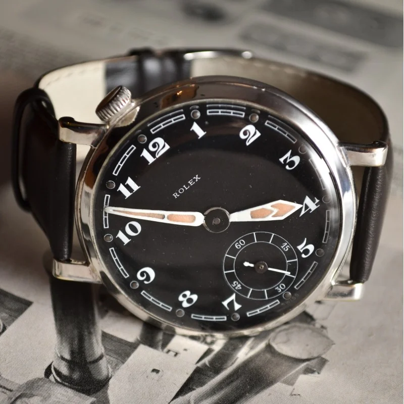 49mm Antique Rolex Marconi military pilots watch for drivers vintage mens chronometer black dial luminous marks and arrows