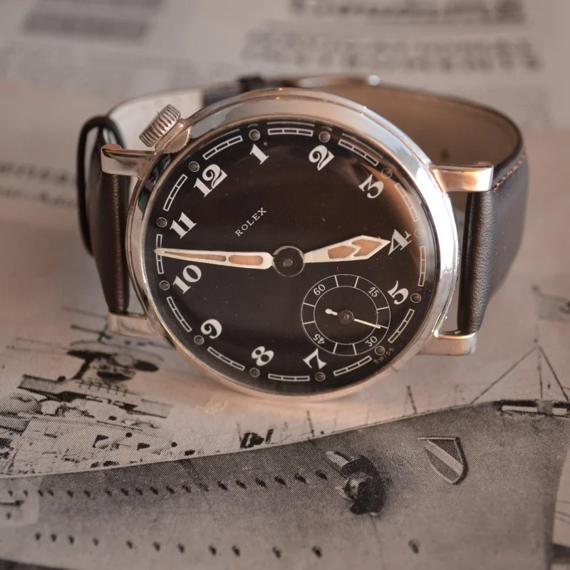 49mm Antique Rolex Marconi military pilots watch for drivers vintage mens chronometer black dial luminous marks and arrows