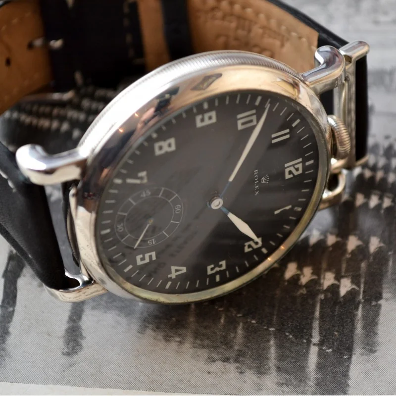 50mm Rolex WW1 pilots timepiece broad arrows military antique black men's watch for British Army rare ALD solid silver case