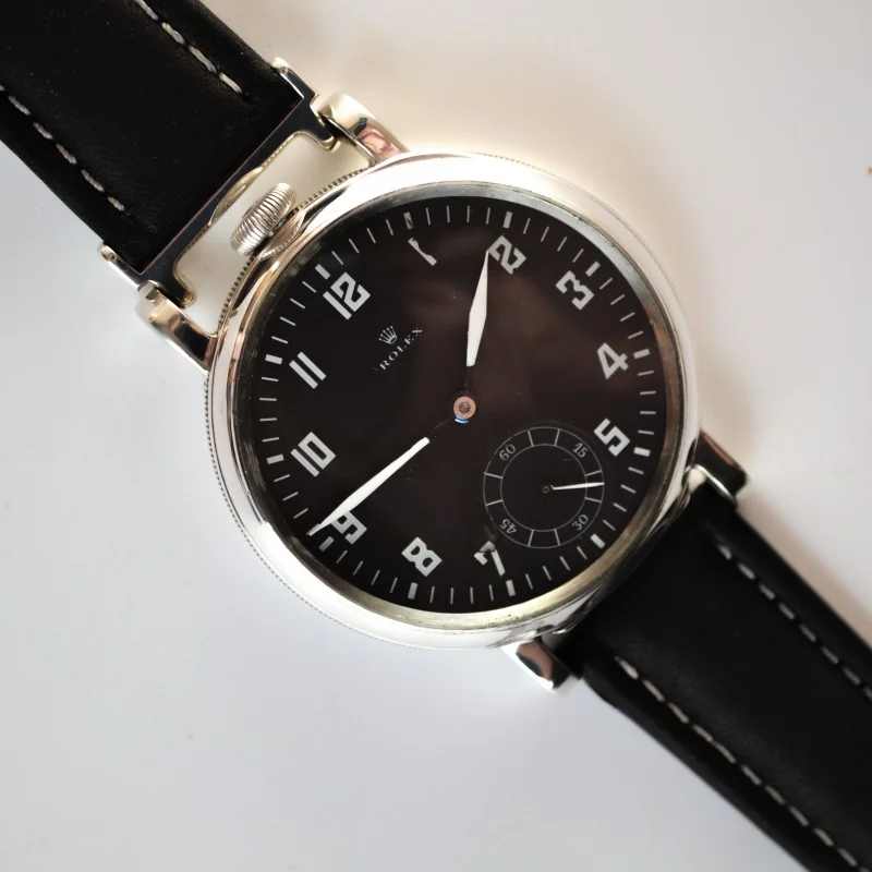 50mm Rolex WW1 pilots timepiece broad arrows military antique black men's watch for British Army rare ALD solid silver case