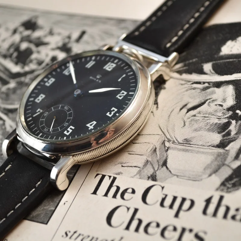 50mm Rolex WW1 pilots timepiece broad arrows military antique black men's watch for British Army rare ALD solid silver case