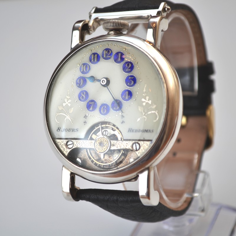 Antique Hebdomas 8-Day Silver Watch – Guilloche Enamel Telephone Dial Open Balance