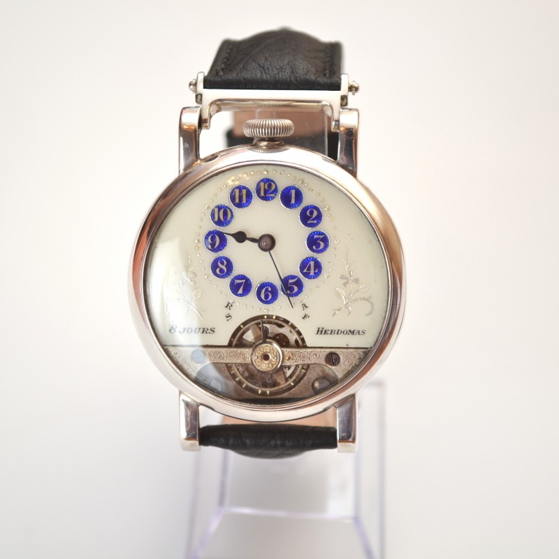 Antique Hebdomas 8-Day Silver Watch – Guilloche Enamel Telephone Dial Open Balance photo 2