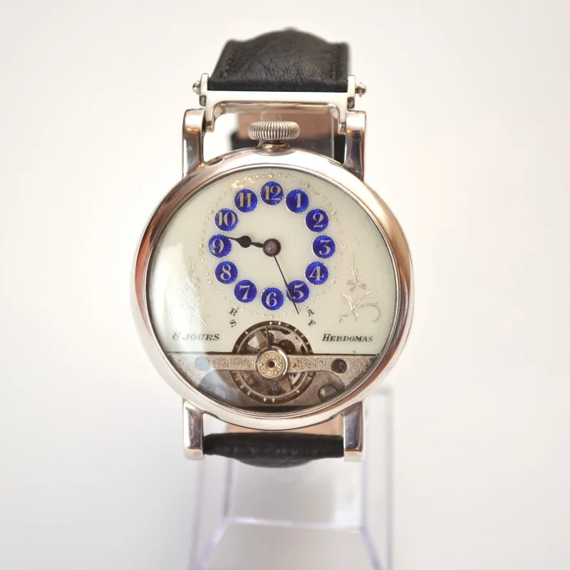 Antique Hebdomas 8 days silver men's watch enamel guilloche solid gold inlay telephone dial open balance like skeleton