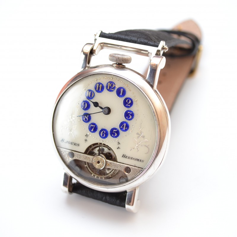 Antique Hebdomas 8-Day Silver Watch – Guilloche Enamel Telephone Dial Open Balance photo 3