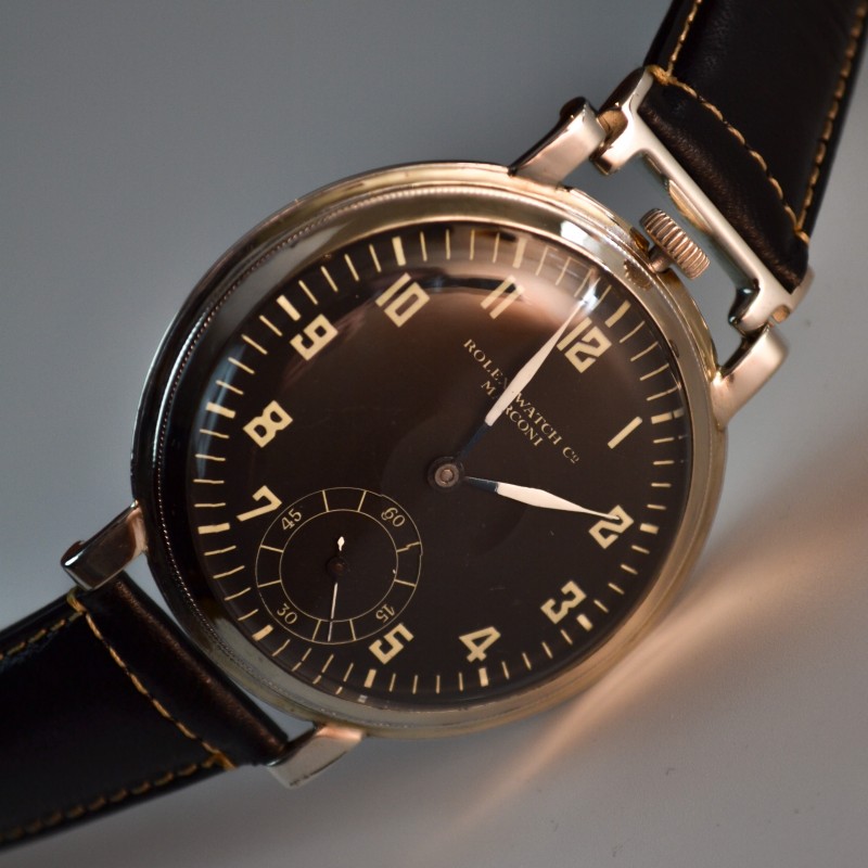 Antique Rolex Marconi Chronometer men's military trench watch black pilots dial WW1 - WW2 collectible vintage wristwatch