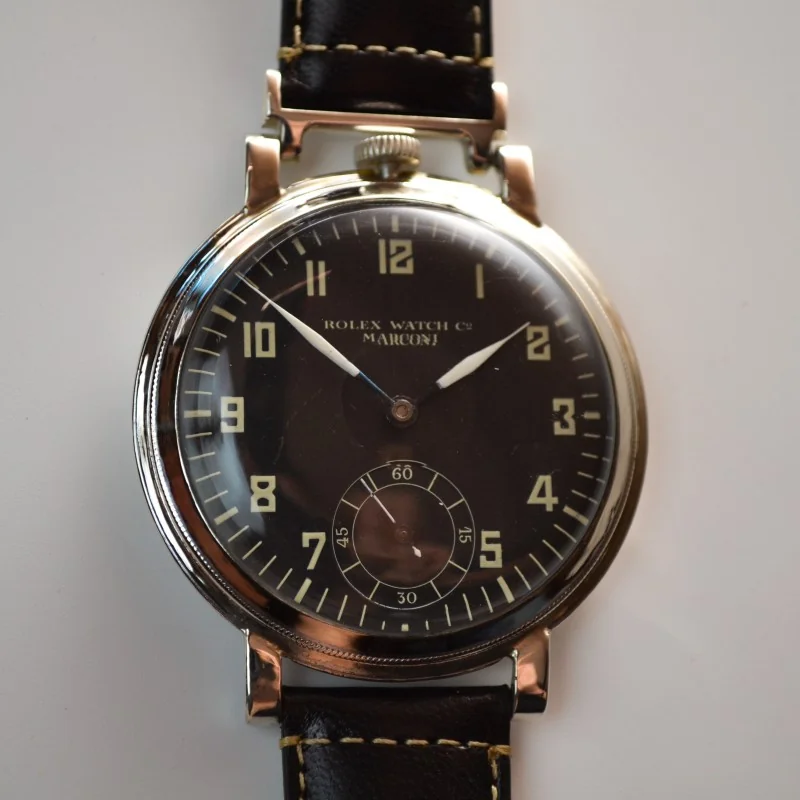 Antique Rolex Marconi Chronometer men's military trench watch black pilots dial WW1 - WW2 collectible vintage wristwatch