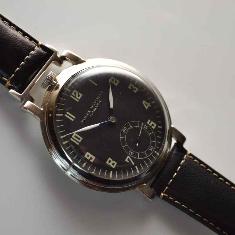 Antique Rolex Marconi Chronometer men's military trench watch black pilots dial WW1 - WW2 collectible vintage wristwatch photo 3