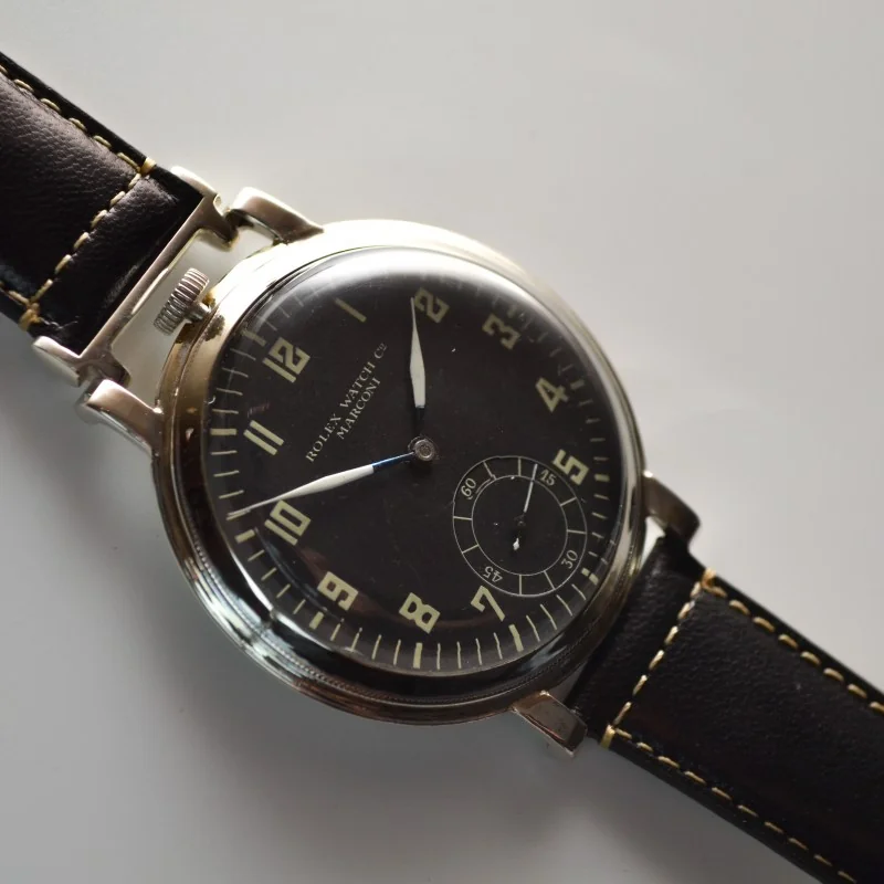 Antique Rolex Marconi Chronometer men's military trench watch black pilots dial WW1 - WW2 collectible vintage wristwatch