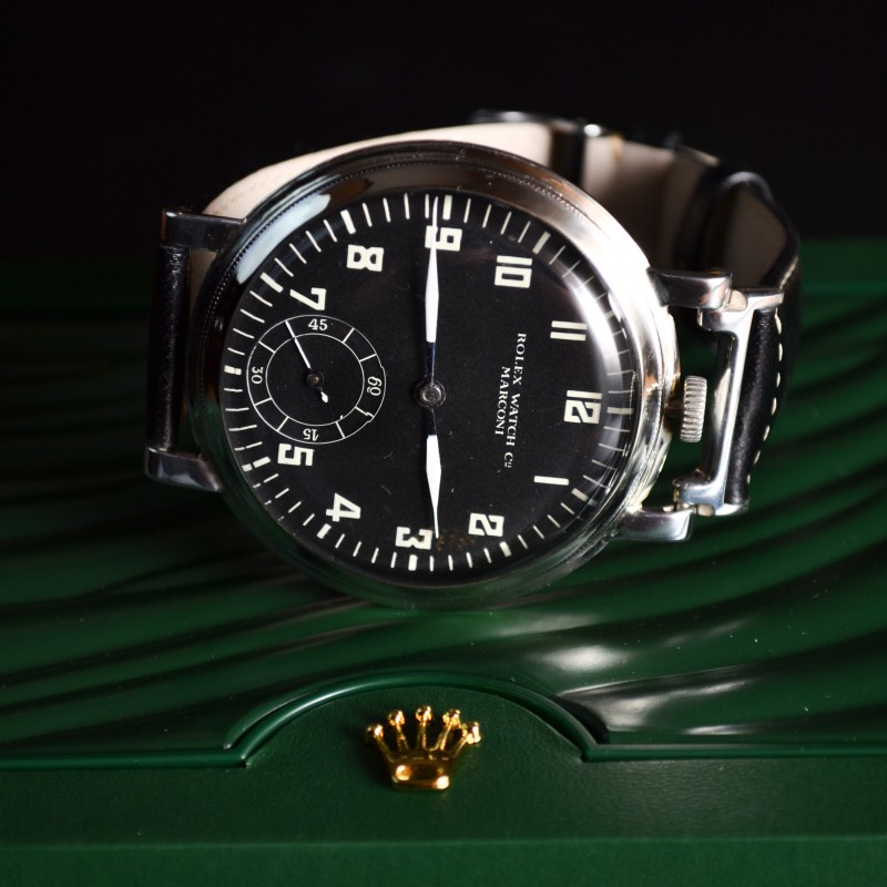 Antique Rolex Marconi Chronometer men's military trench watch black pilots dial WW1 - WW2 collectible vintage wristwatch photo 4