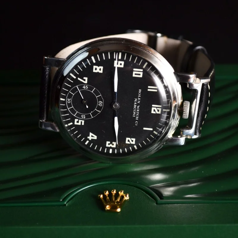Antique Rolex Marconi Chronometer men's military trench watch black pilots dial WW1 - WW2 collectible vintage wristwatch