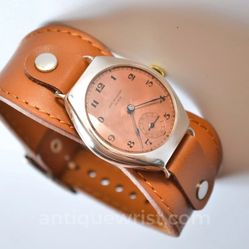 Antique Tonneau Rolex Wilsdorf Geneva Mens vintage Wrist Watch WW1 Military Trench wire lugs guilloche tropical dial