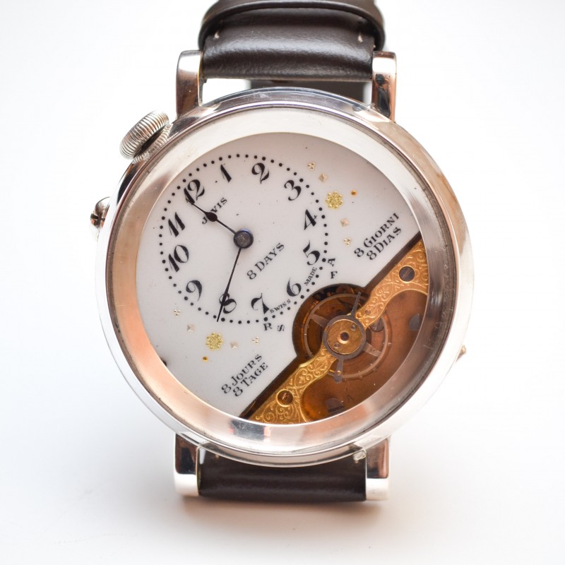 Incredible antique 1890/1910 Hebdomas 8 days jours mens wrist watch open balance like skeleton, porcelain enamel dial with gold inlay