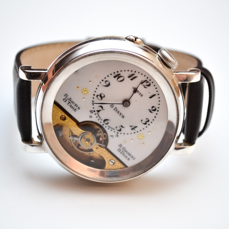 Incredible antique 1890/1910 Hebdomas 8 days jours mens wrist watch open balance like skeleton, porcelain enamel dial with gold inlay photo 2