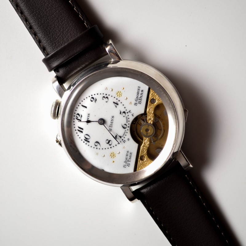 Incredible antique 1890/1910 Hebdomas 8 days jours mens wrist watch open balance like skeleton, porcelain enamel dial with gold inlay photo 3