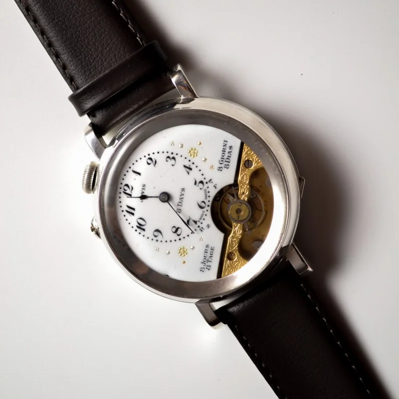 Incredible antique 1890/1910 Hebdomas 8 days jours mens wrist watch open balance like skeleton, porcelain enamel dial with gold inlay