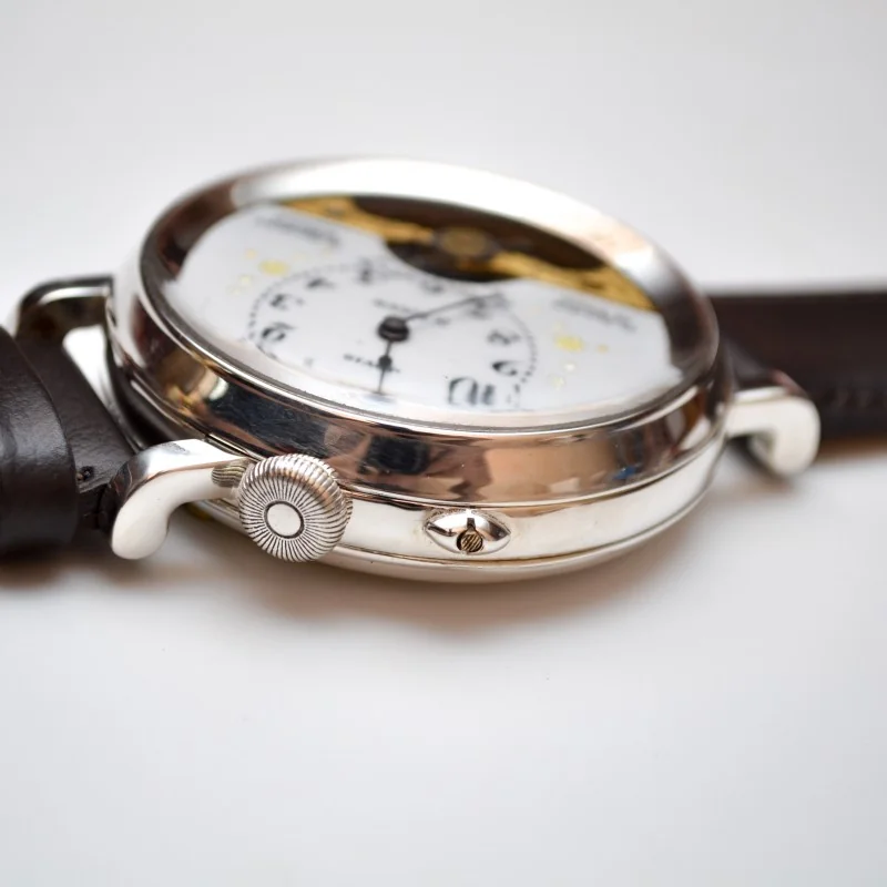 Incredible antique 1890/1910 Hebdomas 8 days jours mens wrist watch open balance like skeleton, porcelain enamel dial with gold inlay
