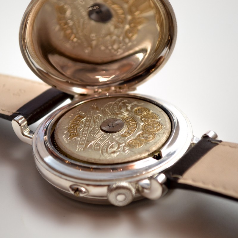 Incredible antique 1890/1910 Hebdomas 8 days jours mens wrist watch open balance like skeleton, porcelain enamel dial with gold inlay photo 8