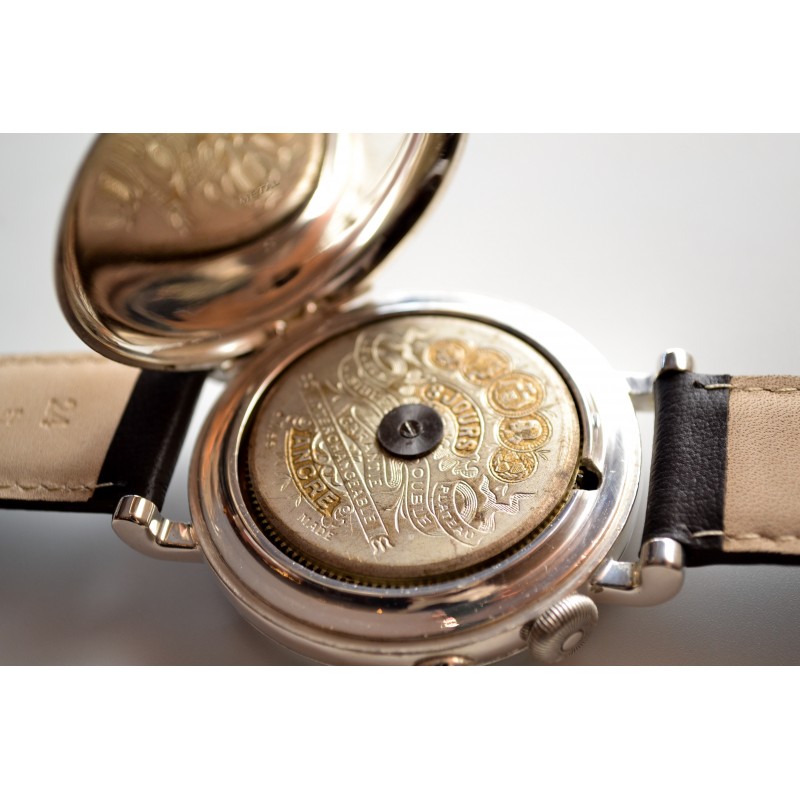 Incredible antique 1890/1910 Hebdomas 8 days jours mens wrist watch open balance like skeleton, porcelain enamel dial with gold inlay photo 9