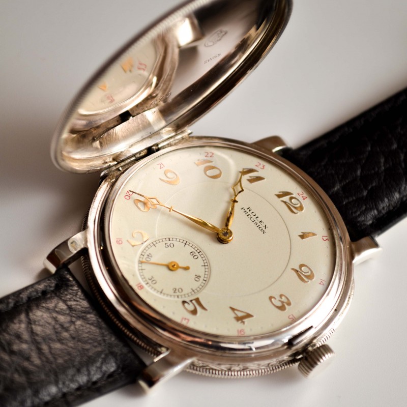 Rolex Precision full hunter antique WW1 trench men’s watch vintage solid silver guilloche 15 jewels gilt dial antique timepiece circa 1920